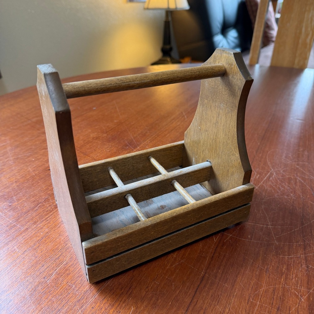 Vintage Rustic Wooden 6-Slot Caddy with Handle Farmhouse Cottagecore Organizer